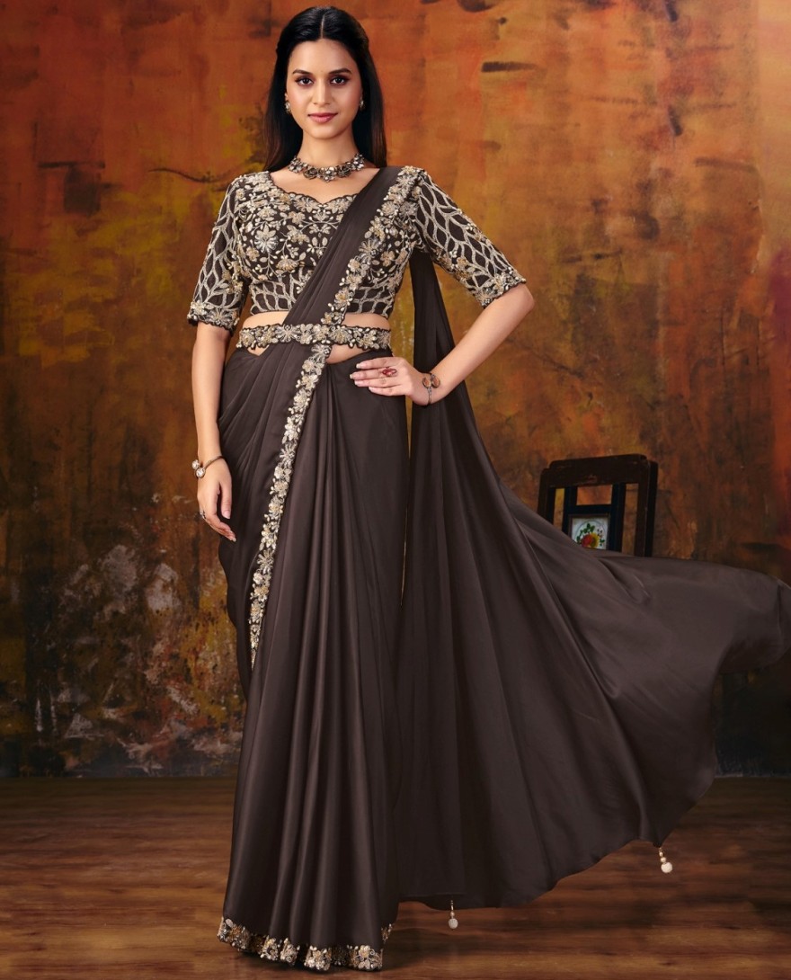 27114 - Deep Brown Embroidered Wedding Party Designer Saree